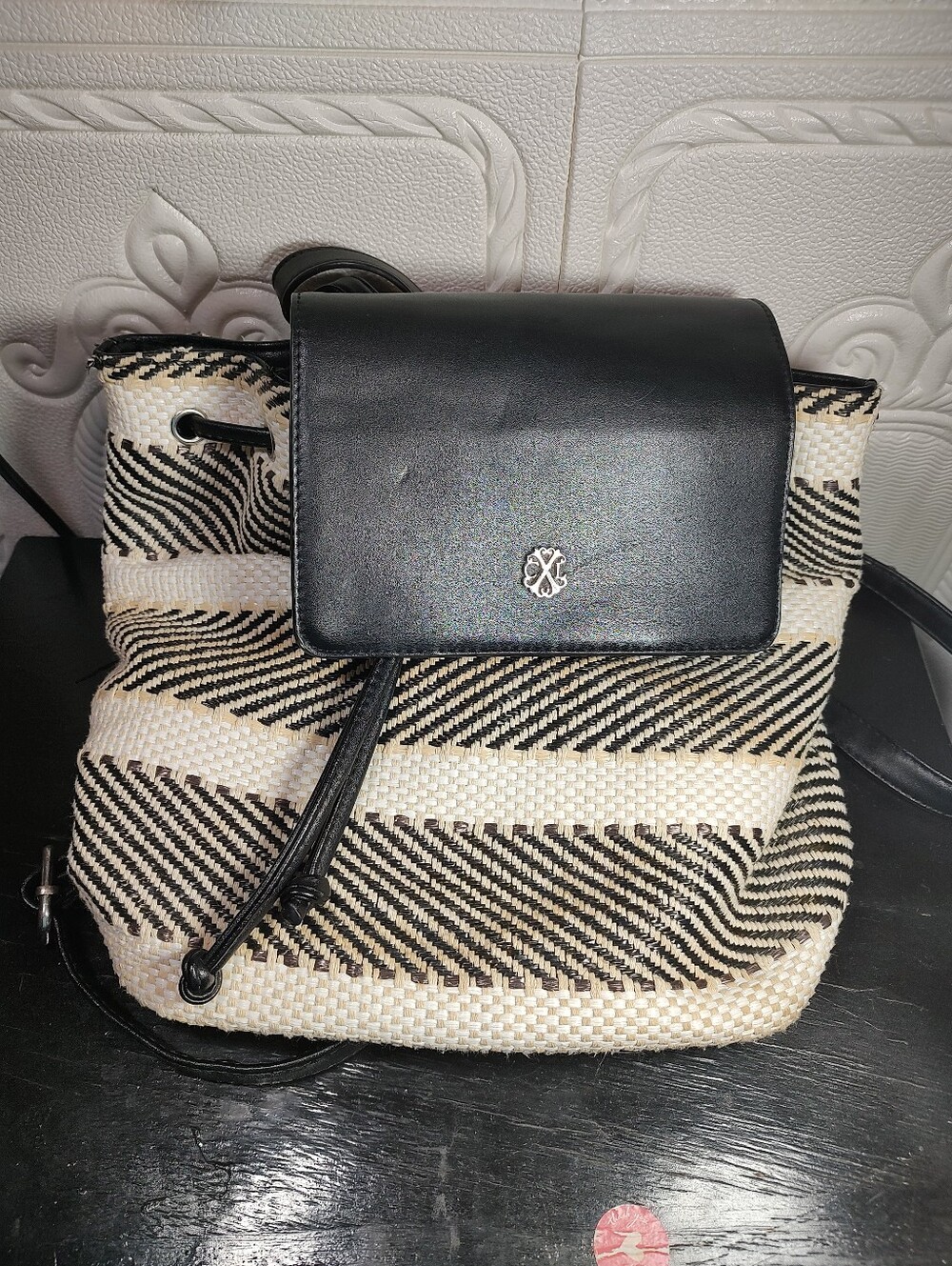 Christian Lacroix Black & Cream Woven Stripe Crossbody Backpack Bag